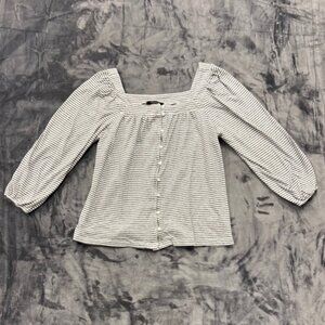 Lucky Brand Striped Knit Top Womens Medium Grey White Square Neck Button Front
